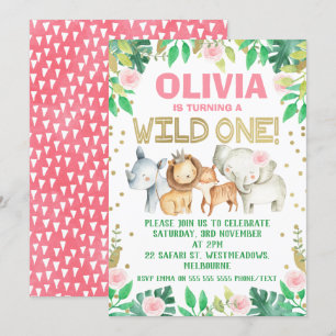 Invitation safari d'anniversaire en couleur vert rose