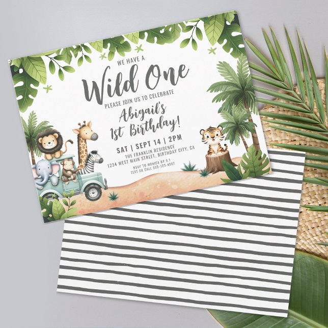 Invitation Safari dans la Jungle Anniversaire du petit sauvag (Jungle Safari Horizontal Wild One 1st Birthday Invitation)