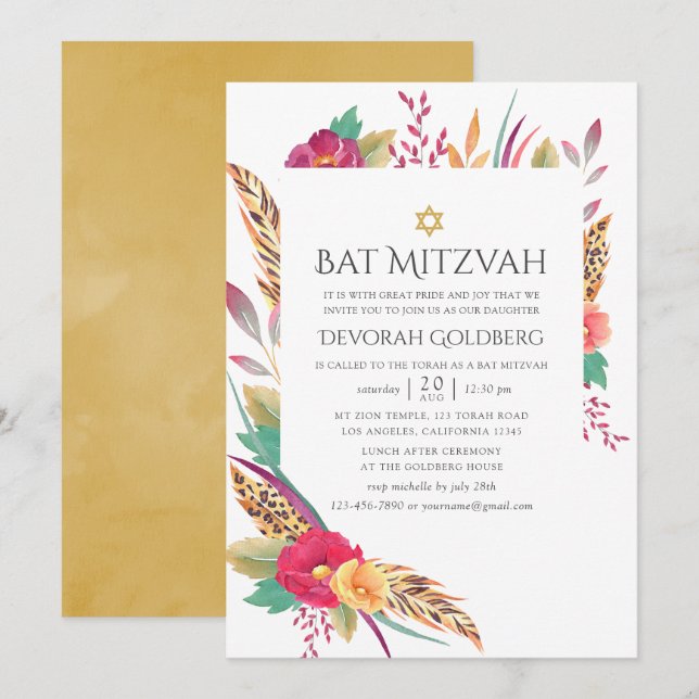 Invitation Safari de fleurs à l'aquarelle pour Bat Mitzvah (Devant / Derrière)