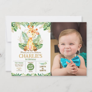 Invitation Safari de girafe mignonne Fête de jungle 1er anniv