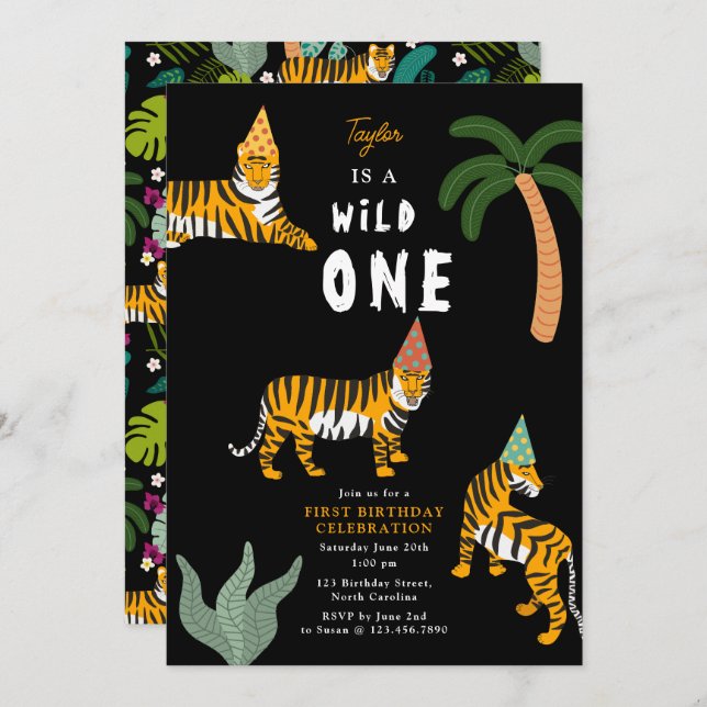 Invitation Safari de la jungle de tigres tropicale pour enfan (Devant / Derrière)