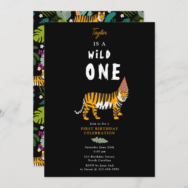 Invitation Safari de la jungle de tigres tropicale pour enfan (Devant / Derrière)