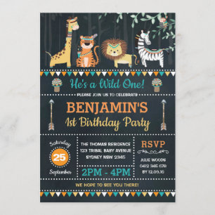 Invitation Safari de la jungle tribale Animaux sauvages Un 1e