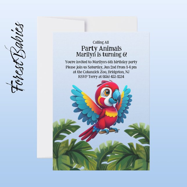 Invitation Safari de la jungle tropicale Macaw Parrot Party A (Macaw Parrot 🌴 Tropical Bird ForestBabies Customizable Birthday Party Animal Invitation)