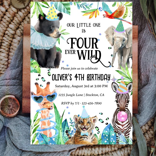 Invitation Safari de quatre léopard sauvage Animaux 4e annive (Créateur téléchargé)