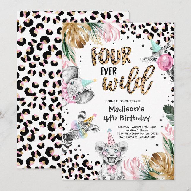 Invitation Safari de quatre léopard sauvage Animaux 4e annive (Devant / Derrière)