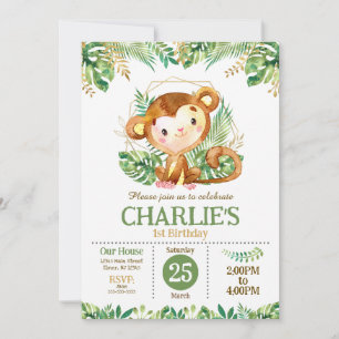 Invitation Safari de singe mignon Fête jungle 1er anniversair