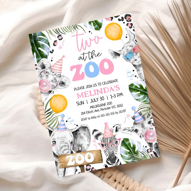 Invitation Safari dessiné bleu rose Deux Le Zoo 2e anniversai (Two The Zoo 2nd Birthday Invitation Girl, Zoo Birthday Party Invitation Template, Zoo Party Invite )