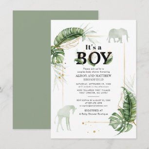 Invitation Safari Elephant Giraffe Baby shower Botanique Boys
