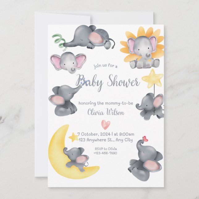 Invitation Safari Elephants Baby shower aquarelle (Devant)