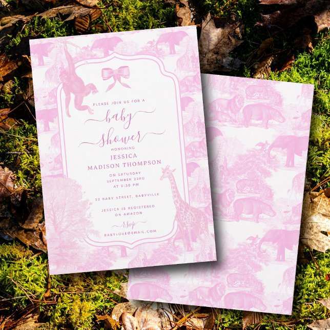Invitation Safari en toile rose Animaux Chinoiserie Baby show (Pink Toile Safari Animals Chinoiserie Baby Shower Invitation)