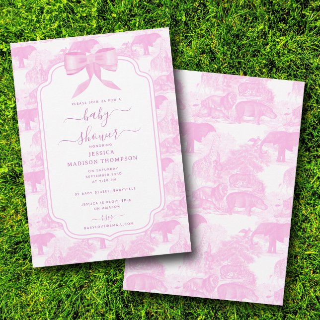 Invitation Safari en toile rose Animaux Chinoiserie Baby show (Pink Toile Safari Animals Chinoiserie Baby Shower Invitation)