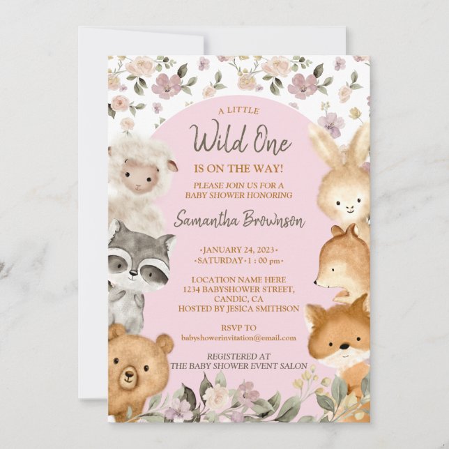 Invitation Safari Farm Animal Bear Fox Rabbit Raccoon pink (Devant)