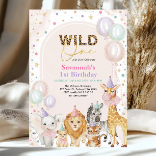 Invitation Safari Fille Sauvage 1er Anniversaire Rose Or