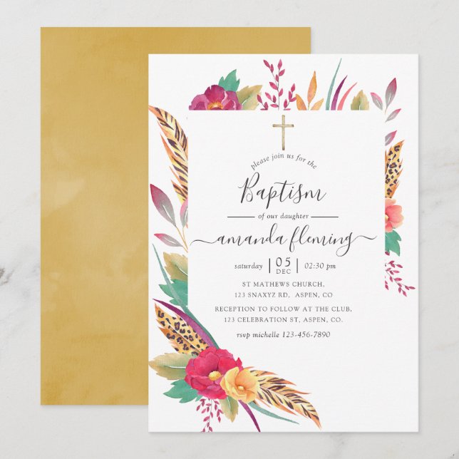 Invitation Safari floral aquarelle baptême (Devant / Derrière)