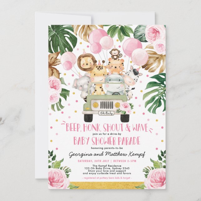 Invitation Safari Floral Rose Par Baby shower Parade (Devant)
