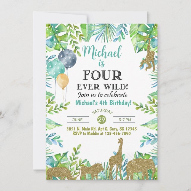 Invitation Safari Fourever Wild boy 4th birthday invitation. (Devant)