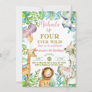 Invitation Safari Fourever Wild girl 4ème anniversaire invita