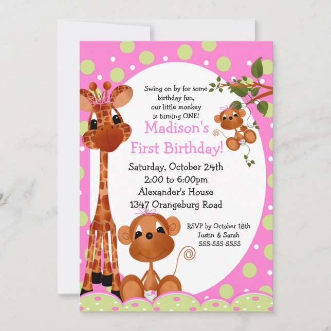 Invitation Safari Fun Girls 1er Anniversaire (Devant)