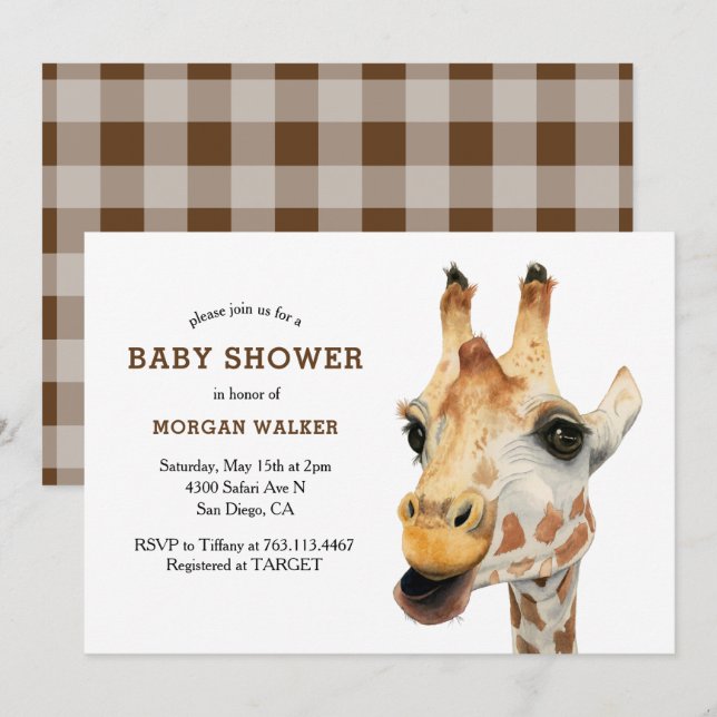 Invitation Safari Giraffe Baby shower neutre genre (Devant / Derrière)