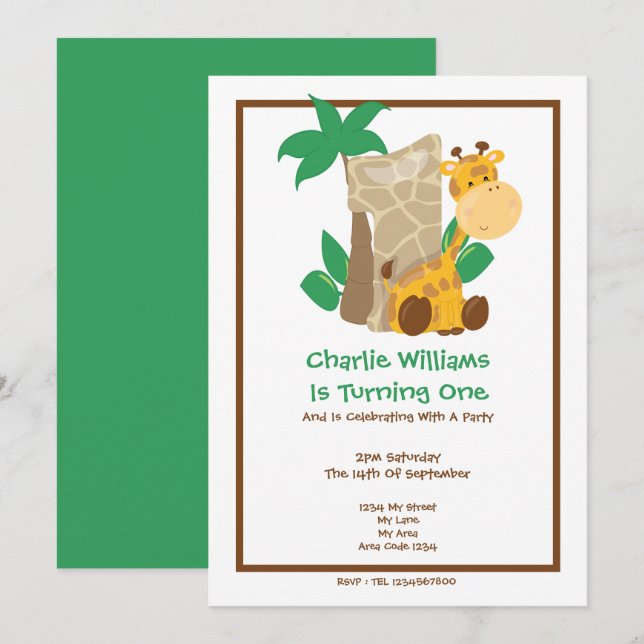 Invitation Safari Giraffe Première fête d'anniversaire (Devant / Derrière)