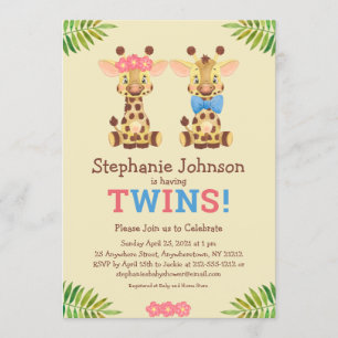 Invitation Safari Giraffe Twins Boy and Girl Cute Baby shower