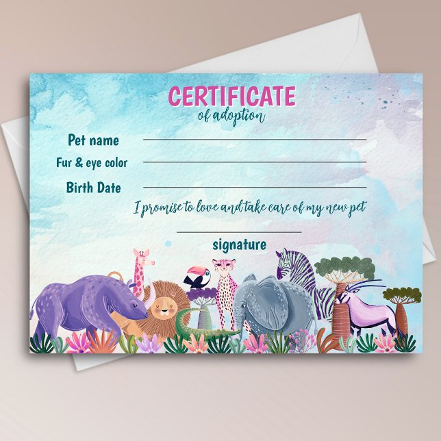 Invitation Safari girl birthday animal adoption certificate (Créateur téléchargé)