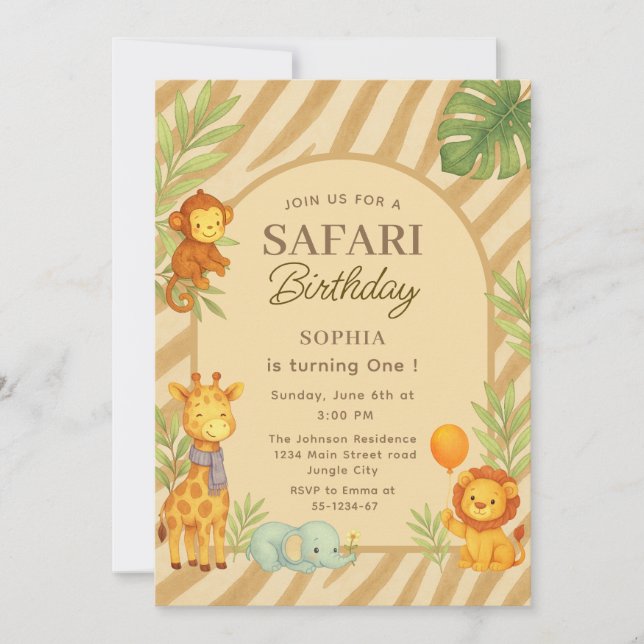 Invitation Safari Jungle Animals First Birthday  (Devant)