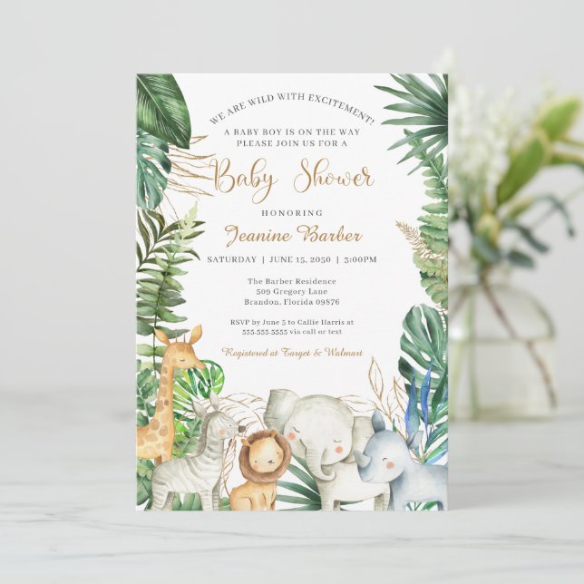 Invitation Safari Jungle Animaux Baby shower d'excitation sau (Debout devant)