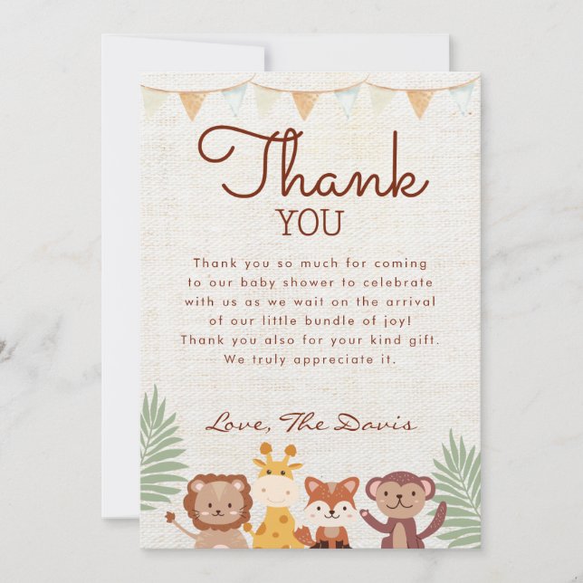 Invitation Safari Jungle Animaux Baby shower Garçon Merci (Devant)