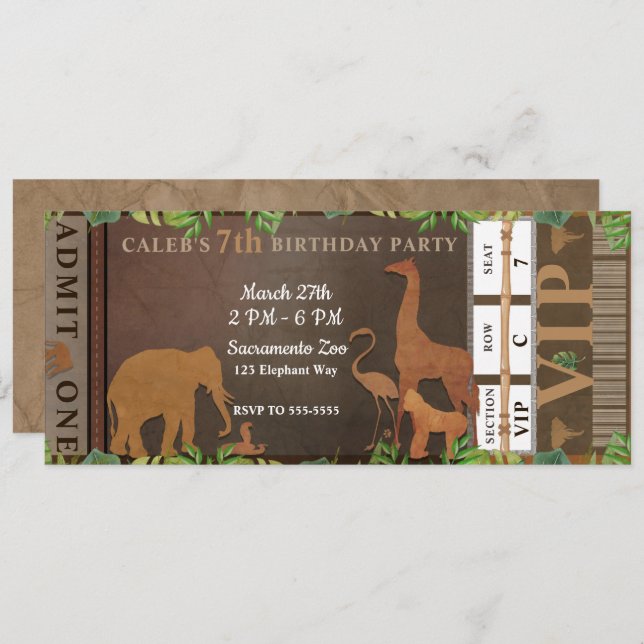 Invitation Safari Jungle Animaux Brown Billet d'anniversaire (Devant / Derrière)