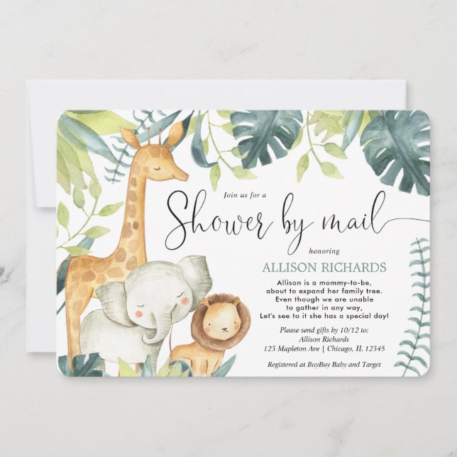 Invitation Safari jungle animaux Douche par baby shower posta (Devant)