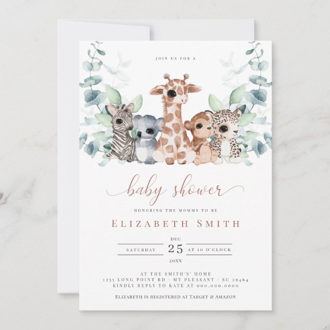 Invitation Safari Jungle Animaux Eucalyptus Baby shower (Devant)
