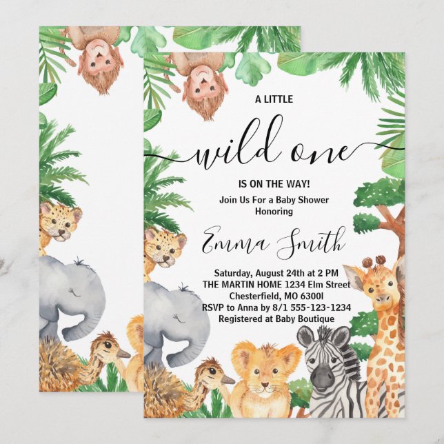 Invitation Safari Jungle Animaux Fête de Bébé Sauvage (Devant / Derrière)