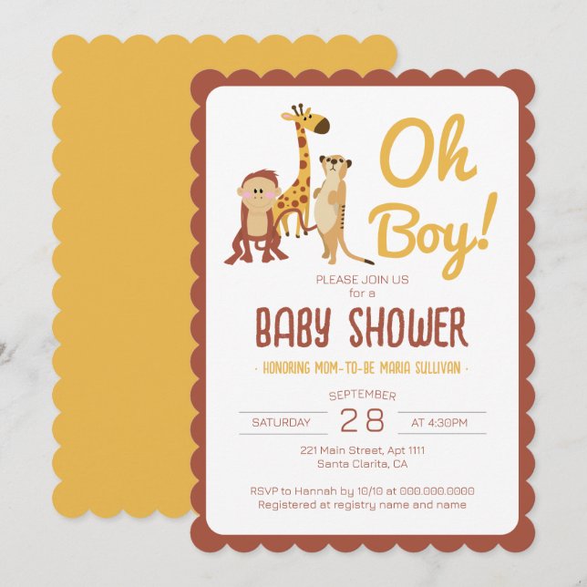 Invitation Safari Jungle Animaux Oh Baby shower Garçon (Devant / Derrière)