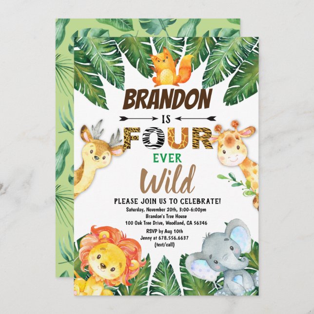 Invitation Safari Jungle Animaux Quatre Ever Wild 4e annivers (Devant / Derrière)