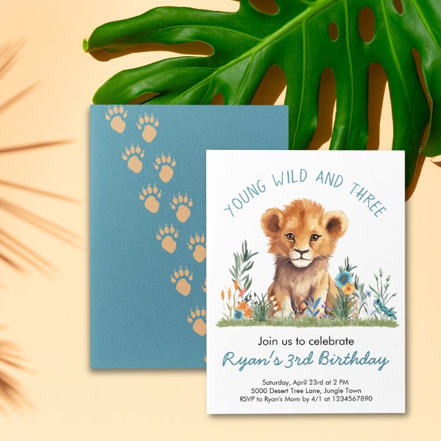 Invitation Safari Jungle Anniversaire (Safari Jungle Baby Lion Orange Blue Flowers Animal Foot Print Young Wild Three Birthday Invitation)