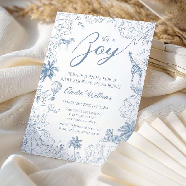 Invitation Safari Jungle Bleu pour Bébé Garçon Fête Animaux (Créateur téléchargé)