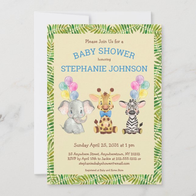 Invitation Safari Jungle Elephant Giraffe Zebra Baby shower (Devant)