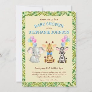 Invitation Safari Jungle Elephant Giraffe Zebra Baby shower