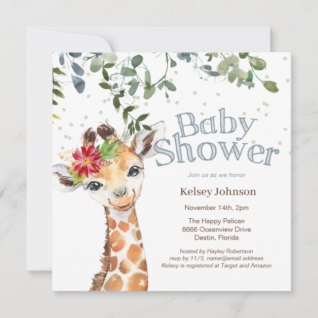 Invitation Safari Jungle Girl Giraffe Baby shower bleu (Devant)