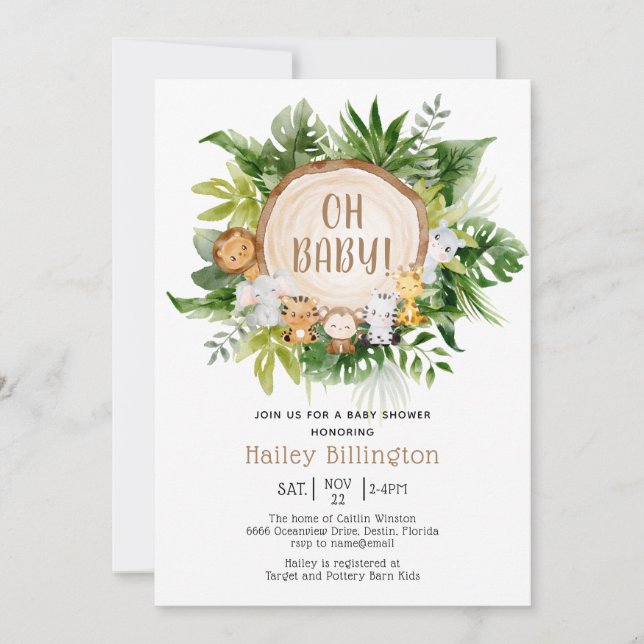 Invitation Safari Jungle Oh Baby Watercolor Baby shower (Devant)