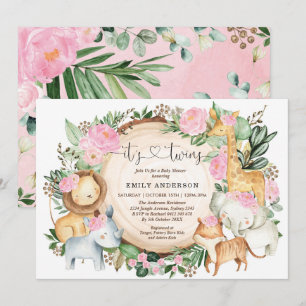 Invitation Safari-jungle rose florale Animaux Twin Girls Baby