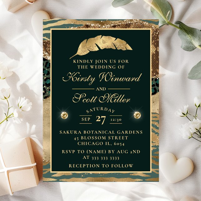 Invitation Safari Jungle Vert Beige Paillettes Agate Mariage (Créateur téléchargé)