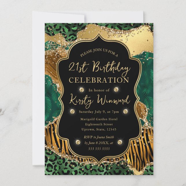 Invitation Safari Jungle Vert Glitter Agate 21e Anniversaire (Devant)