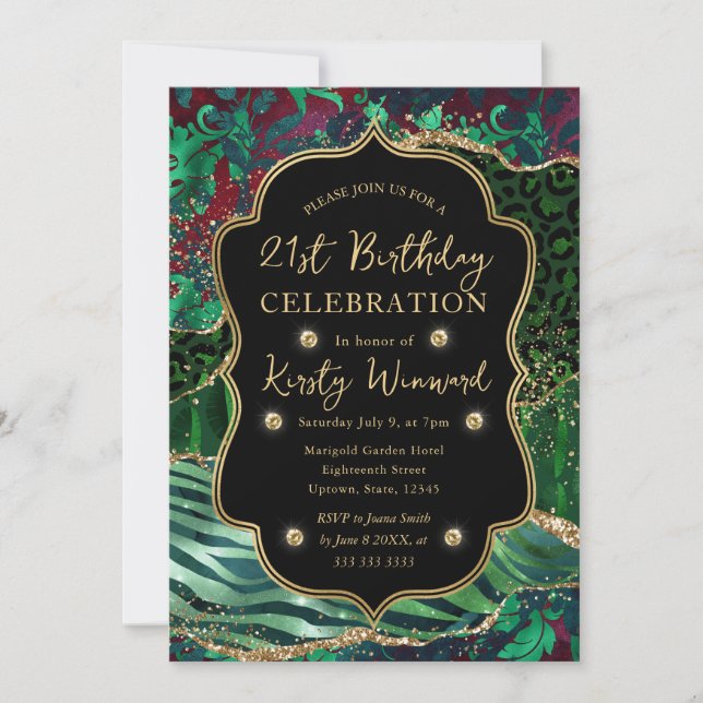 Invitation Safari Jungle Vert Pailleté Agate 21e Anniversaire (Devant)