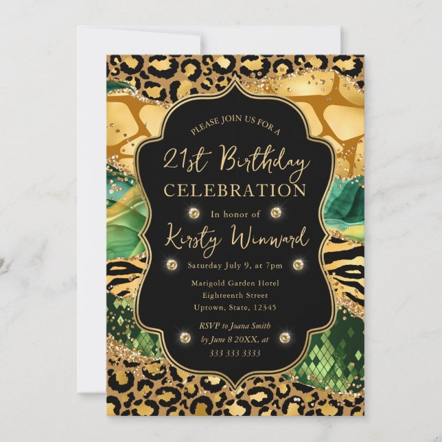 Invitation Safari Jungle Vert Pailleté Agate 21e Anniversaire (Devant)
