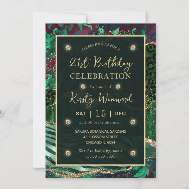 Invitation Safari Jungle Vert Pailleté Agate 21e Anniversaire (Devant)