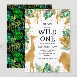 Invitation Safari Jungle Wild One 1er Anniversaire Or Vert