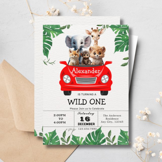 Invitation Safari Jungle Wild One mignon Animaux 1er annivers (Créateur téléchargé)